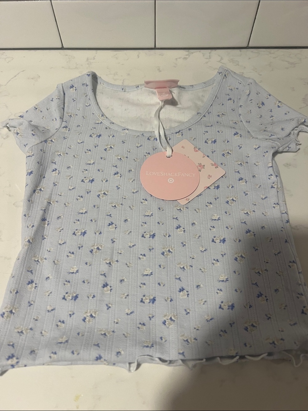 LoveShackFancy Pastel Blue Floral Ribbed Short Sleeve Kids Tee